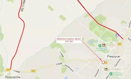 Zdjęcie do Zamknięcie drogi wojew&oacute;dzkiej nr 383 w Pieszycach &ndash; przebudowa mostu i skrzyżowania